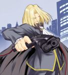  1boy aiming aiming_at_viewer blonde_hair brown_cape building cape city closed_eyes coat commentary_request dynamic_pose facing_viewer foreshortening frilled_sleeves frills gun handgun holding holding_gun holding_weapon male_focus medium_hair melty_blood night_of_wallachia outdoors outstretched_arm outstretched_hand pants purple_coat purple_pants shirt silhouette smile solo teipa tsukihime vampire weapon white_shirt 