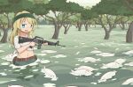  1girl assault_rifle blonde_hair blue_eyes commentary_request denim fish green_headband gun headband holding holding_gun holding_weapon jeans lagado long_hair m16 m16a1 open_mouth pants rifle shirt shoujo_shuumatsu_ryokou solo tree wading weapon white_shirt yuuri_(shoujo_shuumatsu_ryokou) 
