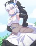  1girl animal_ears black_hair blue_eyes blue_sky breasts choker commentary_request dress elbow_gloves extra_ears gloves gray_thoroughbred_horse_(kemono_friends) grey_hair hair_ornament highres horse_ears horse_girl horse_tail kemono_friends large_breasts long_hair lowlandgorilla outdoors ponytail skirt sky sleeveless solo tail 