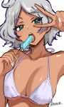  1girl arm_up artist_name bare_shoulders bikini breasts cleavage collarbone commentary_request covered_nipples dark-skinned_female dark_skin fingernails fluffy_hair food food_in_mouth green_eyes gundam gundam_suisei_no_majo halterneck hand_up haro highres holding holding_food holding_popsicle large_breasts long_fingernails looking_at_viewer melting_popsicle nekomiya_mizuki open_mouth popsicle popsicle_in_mouth secelia_dote sexually_suggestive short_hair simple_background swimsuit twitter_username upper_body v v_over_eye white_background white_bikini white_hair white_nails 