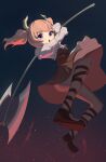  1girl absurdres axe battle_axe black_dress black_shoes blunt_bangs commentary_request dress full_body gradient_background grey_pantyhose highres holding holding_weapon horns juliet_sleeves karmanimaxwx linie_(sousou_no_frieren) long_sleeves looking_at_viewer open_mouth pantyhose pink_hair puffy_sleeves purple_eyes shoes solo sousou_no_frieren swinging_weapon twintails weapon 