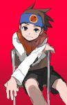  1boy black_shorts blue_headband brown_eyes brown_hair chair closed_mouth commentary_request headband lan_hikari_(mega_man) long_sleeves looking_at_viewer male_focus mega_man_(series) mega_man_battle_network_(series) on_chair orange_vest red_background shirt short_hair shorts simple_background sitting sitting_backwards sketch solo spiked_hair tomohiro_(rockexenet) vest white_shirt 