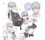  1boy 1other bag blush chiikawa chiikawa_(character) commentary_request eating food glasses grey_eyes grey_hair highres holding holding_microphone holding_sword holding_weapon jiayu_long long_sleeves microphone multiple_views narukami_yu noodles persona persona_4 ramen school_uniform shirt short_hair short_sleeves shoulder_bag simple_background sword weapon white_background white_shirt 