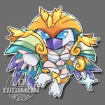  1girl ancientirismon armor artist_logo blue_eyes boots breasts chibi clothing_cutout commentary covered_mouth digimon digimon_(creature) dress fingerless_gloves full_body gloves golden_wings grey_background helmet holding holding_sword holding_weapon logo long_hair looking_at_viewer mask medium_breasts multicolored_hair purple_mask rainbow_hair rainbow_wings rapier shadow shoulder_armor simple_background solid_eyes solo stomach_cutout strapless strapless_dress sword thigh_boots w4441 weapon white_boots white_dress white_gloves wings 