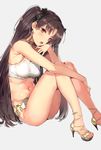  bangs bikini black_ribbon brown_hair choker commentary earrings fate/grand_order fate_(series) feet hair_ribbon hand_on_own_cheek head_tilt high_heels highres ishtar_(fate/grand_order) jewelry knees_up leg_hug legs long_hair long_legs midriff navel no_socks open_toe_shoes parted_bangs parted_lips red_eyes ribbon sandals shoes simple_background sitting solo swimsuit thighs toes twintails very_long_hair white_bikini yuran 
