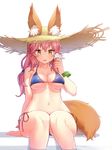  animal_ears arm_at_side bangs bare_arms bare_legs bare_shoulders bikini blue_bikini bracelet breasts brown_eyes brown_hat cleavage collarbone ears_through_headwear eyebrows_visible_through_hair fate/extra fate_(series) food foreshortening fox_ears fox_tail hair_tie hat highres holding holding_food ice_cream ice_cream_cone jewelry long_hair looking_at_viewer low-tied_long_hair low_ponytail medium_breasts melting narynn navel orange_ribbon pink_hair ribbon shiny shiny_skin side-tie_bikini simple_background soaking_feet solo straw_hat string_bikini sun_hat swimsuit tail tamamo_(fate)_(all) tamamo_no_mae_(fate) tamamo_no_mae_(swimsuit_lancer)_(fate) tsurime water water_drop white_background 
