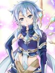  1girl armor blue_armor blue_eyes blue_hair blue_shrug boobplate breastplate breasts closed_mouth commentary_request detached_wings double-parted_bangs gold_trim hair_between_eyes hair_tubes hand_on_own_hip head_tilt looking_at_viewer medium_breasts medium_hair messy_hair metal_wings pauldrons purple_background raipen shoulder_armor shrug_(clothing) single_pauldron single_wing sinon sinon_(solus) smile solo straight-on sword_art_online sword_art_online:_alicization sword_art_online:_alicization_-_war_of_underworld white_background wings yellow_background 