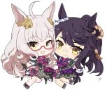  09sdab 2girls ahoge bandaid bandaid_on_face bandaid_on_nose biwa_hayahide_(umamusume) black_gloves black_hair bow chibi clenched_hand commentary_request corset dress ear_ornament eyelashes full_body glasses gloves grey_corset grey_dress hair_ornament highres long_hair mouth_hold multiple_girls narita_brian_(umamusume) pink_bow purple_bow red-framed_eyewear rope shimenawa siblings signature sisters smile stalk_in_mouth umamusume white_gloves white_hair yellow_eyes 
