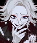 1boy ^_^ aotsuki_eito blue_eyes catchphrase chibi chibi_inset closed_eyes commentary english_commentary english_text evil_grin evil_smile eyeliner ff9900 gakuran glasses gloves greyscale grin hand_up jacket last_defense_academy_school_uniform looking_at_viewer makeup male_focus monochrome open_mouth red_eyeliner school_uniform short_hair smile spoilers spot_color the_hundred_line_-last_defense_academy- 