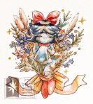  1girl absurdres aqua_(deltarune) aqua_dress aqua_skin black_hair blue_flower bouquet bow closed_eyes closed_mouth colored_skin commentary crossed_wrists deltarune dress extra_eyes flower flower_wrapper highres large_bow medium_hair neckerchief pink_flower red_bow red_neckerchief sleeves_past_wrists solo standing third_eye triclops utdr_(toby_fox) watermark wheat white_background yanosui yellow_flower 