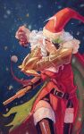  1girl absurdres ahoge black_gloves black_thighhighs boutsoftheblind coat drill_hair drill_sidelocks eyepatch fangs gauntlets general_geega gloves grey_hair gun hat highres indie_virtual_youtuber looking_at_viewer mistletoe pointy_ears red_coat red_eyes revolver santa_hat sidelocks single_gauntlet skin_fangs thighhighs thighs virtual_youtuber weapon 