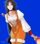  1girl artist_name black_choker black_eyes black_hair blue_background bodysuit breasts choker commentary_request cowboy_shot cyashiiii final_fantasy final_fantasy_ix garnet_til_alexandros_xvii gloves hair_ornament hairclip highres holding holding_staff long_hair looking_at_viewer low-tied_long_hair medium_breasts orange_bodysuit parted_lips red_gloves shirt solo staff thigh_strap white_shirt 