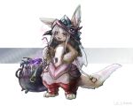  1other 6ekoh animal_ears artist_name cauldron chinese_commentary commentary_request full_body furry hand_on_own_hip highres holding holding_ladle ladle made_in_abyss nanachi_(made_in_abyss) rabbit_ears simple_background solo tail topless_female 
