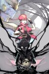  2boys artist_request bad_id bad_pixiv_id behind_another black_coat black_gloves black_hair black_shirt blue_eyes border brown_hair character_request coat cowboy_shot duel_monster facing_viewer fingerless_gloves floating_card glasses gloves grey_background hair_over_one_eye hand_on_headwear hat high_collar highres jacket konami-kun looking_ahead male_focus multiple_boys open_clothes open_jacket open_mouth ornate_border outstretched_arm peaked_cap popped_collar red_hat red_jacket shirt shoulder_pads smoke yu-gi-oh! yu-gi-oh!_tag_force 