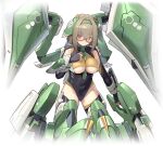 1girl beam_rifle between_breasts black_gloves black_leotard black_thighhighs blush breasts bright_pupils brown_eyes brown_hair closed_mouth clothes_between_breasts clothing_cutout covered_navel elbow_gloves energy_gun fingerless_gloves glasses gloves green_hair green_hairband green_necktie hair_intakes hairband highleg highleg_leotard large_breasts leotard looking_at_viewer mecha_musume mechanical_legs necktie necktie_between_breasts official_art orange_eyes remiel_(starward) semi-rimless_eyewear shield short_hair simple_background skindentation solo starward tachi-e thighhighs thighs under-rim_eyewear underboob underboob_cutout weapon white_background white_pupils 