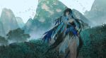  1girl absurdres ahoge ame_(2453323719) bare_legs bird black_dress black_hair blue_eyes blue_hair breasts bush cleavage closed_mouth commentary_request day dress feet_out_of_frame highres holding holding_sword holding_weapon jewelry long_hair long_sleeves looking_to_the_side medium_breasts mountain mountainous_horizon multicolored_dress multicolored_hair outdoors plant scenery sheath sheathed sky solo stairs standing sword torn_clothes torn_dress tree two-tone_dress very_long_hair walking weapon white_dress wide_sleeves wuthering_waves yangyang_(wuthering_waves) 