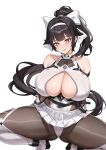  absurdres azur_lane black_hair black_pantyhose boots bow breasts chinese_commentary cleavage collarbone commentary_request hair_bow hair_ears hairband highres huahuademaomaotou large_bow large_breasts leotard official_alternate_costume official_alternate_hairstyle pantyhose parted_lips pleated_skirt ponytail simple_background skirt squatting taimanin_suit takao_(azur_lane) takao_(divine_exorcist's_blade)_(azur_lane) white_background white_boots white_bow white_hairband white_skirt yellow_eyes 