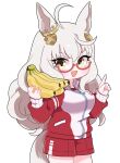  09sdab 1girl ahoge animal_ears banana biwa_hayahide_(umamusume) commentary_request cowboy_shot ear_ornament eyelashes food fruit glasses hair_ornament hands_up highres holding holding_food horse_ears horse_girl horse_tail jacket long_hair red-framed_eyewear red_jacket red_shorts shorts simple_background smile solo tail tracen_training_uniform twitter_username umamusume white_background white_hair yellow_eyes zipper_pull_tab 