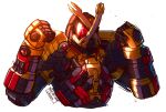  1boy 2019 armor black_bodysuit bodysuit clenched_hands commentary cropped_torso helmet horns joey_the_lazy kamen_rider kamen_rider_kikai kamen_rider_zi-o_(series) male_focus red_eyes solo tokusatsu upper_body white_background wrench yellow_armor yellow_helmet yellow_horns 