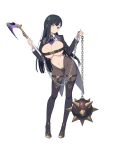  1girl absurdres artist_request ascot ball_and_chain_(weapon) belt_bra black_hair black_hiphighs black_jacket black_thighhighs blue_eyes breasts bright_pupils cleavage clothing_cutout gold_shoes hair_ornament hairclip high_heels highres hiphighs holding holding_ball_and_chain_(weapon) holding_weapon huge_breasts jacket kusarigama long_hair long_sleeves lost_sword:_tales_of_britania navel nia_(lost_sword) official_art purple_ascot shirt shoes sickle simple_background solo spiked_ball_and_chain stomach thighhighs transparent_background weapon white_pupils white_shirt 
