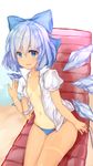  bikini blue_bikini blue_eyes blue_hair breasts cirno highres looking_at_viewer navel one-piece_tan shionji_ax short_hair sitting small_breasts smile solo swimsuit tan tanline tanned_cirno touhou wings 