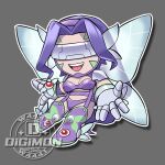  1girl :d arm_warmers artist_logo belt bikini boots breasts butterfly_hair_ornament butterfly_wings chibi cleavage commentary covered_eyes curtained_hair cyber_fashion digimon digimon_(creature) elbow_gloves facial_mark fairimon full_body garter_straps gloves grey_background grey_gloves hair_ornament hairband head-mounted_display insect_wings logo long_hair medium_breasts midriff open_mouth purple_arm_warmers purple_belt purple_bikini purple_boots purple_hair purple_hairband retrofuturism shadow shoulder_pads smile solo strapless strapless_bikini swimsuit teeth thigh_boots upper_teeth_only w4441 wings 