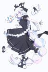  1girl absurdres arnyang_(ayatsuno_yuni) ayatsuno_yuni black_bow black_dress black_shoes bow bow_print bowtie braid braided_tail braided_twintails closed_mouth commentary creature dress dress_bow from_side full_body hair_bow hair_intakes hair_ornament highres large_bow leg_up long_hair looking_at_viewer looking_to_the_side loving_aura mmhomm outstretched_arms pantyhose pleated_dress polka_dot polka_dot_bow print_pantyhose purple_bow purple_bowtie purple_eyes shoes short_sleeves simple_background smile solo spread_arms standing standing_on_one_leg stellive tail very_long_hair very_long_tail virtual_youtuber white_background white_hair white_pantyhose white_tail wing_hair_ornament x_hair_ornament 