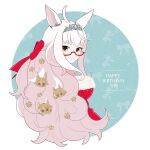  09sdab 1girl ahoge animal_ears biwa_hayahide_(rouge_caroler)_(umamusume) biwa_hayahide_(umamusume) bow commentary_request cropped_torso dated dress ear_ornament from_behind glasses hair_ornament happy_birthday highres horse_ears long_hair narita_brian_(umamusume) narita_taishin_(umamusume) red-framed_eyewear red_bow red_dress solo tiara umamusume white_hair winning_ticket_(umamusume) yellow_eyes 