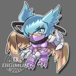  1girl artist_logo bikini black_scarf blue_eyes blue_hair boots breasts brown_wings chibi claws commentary covered_mouth dark-skinned_female dark_skin digimon digimon_(creature) facial_mark feathered_wings full_body garter_straps grey_background hair_between_eyes hair_wings head_wings logo long_hair looking_at_viewer mask medium_breasts midriff mouth_mask ninja_mask purple_bikini purple_boots purple_mask scarf shadow shoulder_pads shutumon sidelocks simple_background solo swimsuit thigh_boots w4441 wings 