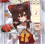 1girl :q ahoge ascot blush bow brown_eyes brown_hair character_name commentary detached_sleeves food frilled_bow frilled_hair_tubes frills fruit hair_bow hair_tubes hakurei_reimu highres long_hair musical_note red_bow red_skirt refrigerator refrigerator_interior ribbon-trimmed_sleeves ribbon_trim samon_(vxxr8575) skirt skirt_set solo spoken_musical_note tongue tongue_out touhou translation_request twitter_username watermelon watermelon_slice yellow_ascot 