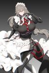  1girl absurdres alexandrina_sebastiane black_dress black_gloves breasts cowboy_shot dddtriple dress frilled_dress frills gloves grey_background grey_hair hair_between_eyes hand_up highres large_breasts long_dress long_hair looking_at_viewer maid maid_headdress partially_fingerless_gloves red_eyes simple_background smile solo very_long_hair zenless_zone_zero 