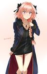  alternate_costume astolfo_(fate) braid cosplay fate/apocrypha fate/grand_order fate_(series) flying_sweatdrops hair_ribbon jacket jeanne_d'arc_(alter)_(fate) jeanne_d'arc_(alter)_(fate)_(cosplay) jeanne_d'arc_(fate)_(all) jewelry long_hair male_focus multicolored_hair necklace otoko_no_ko pink_hair purple_eyes ribbon skirt solo somechime_(sometime1209) twitter_username two-tone_hair white_hair wicked_dragon_witch_ver._shinjuku_1999 