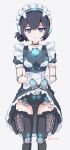  1girl absurdres artist_name barcode barcode_tattoo black_hair blue_pupils breasts clothes_lift commentary cowboy_shot double-parted_bangs expressionless frills glowing_pupils grey_background hair_bun highres idolmaster idolmaster_shiny_colors joints leg_tattoo lifting_own_clothes looking_at_viewer maid maid_headdress mechanical_arms mechanical_legs mechanization morino_rinze puffy_short_sleeves puffy_sleeves purple_eyes rasen_manga robot_ears robot_girl robot_joints short_hair short_sleeves simple_background single_side_bun skirt skirt_lift small_breasts solo tattoo twitter_username 