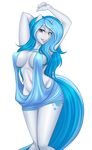  2017 alpha_channel anthro askbubblelee blue_hair breasts bubble_lee_(character) cat-named-fish cleavage clothed clothing cutie_mark dress equine female freckles hair horn kangaroo_dress lipstick makeup mammal my_little_pony pose simple_background solo transparent_background unicorn 