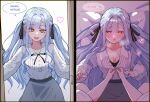  2girls absurdres bang_dream! bang_dream!_it's_mygo!!!!! black_bra black_ribbon blue_hair blush bra breasts brown_eyes chain's commentary female_pov hair_ribbon heart heart-shaped_pupils highres long_hair long_sleeves misumi_uika multiple_girls open_mouth pov ribbon sidelocks spoilers symbol-shaped_pupils togawa_sakiko unbuttoning underwear undressing_another untranslatable_commentary yuri 