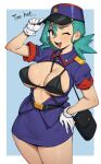  1girl absurdres bag black_bag black_bra blue_hat blush bra breasts brown_eyes flowerpigeon gloves green_hair hand_on_own_hip handbag hat highres hot large_breasts long_hair officer_jenny one_eye_closed open_clothes open_shirt pokemon pokemon_(anime) pokemon_(classic_anime) police police_hat police_uniform policewoman shirt short_sleeves shoulder_bag skirt speech_bubble sweat thick_thighs thighs underwear white_gloves wide_hips 