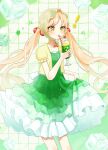  1girl alternate_costume artist_name blonde_hair cherry_hair_ornament commentary_request cowboy_shot cup dress drinking_straw drinking_straw_in_mouth food-themed_clothes food-themed_hair_ornament green-framed_eyewear green_eyes green_headdress grid_background hair_ornament highres holding holding_cup holding_own_dress holding_own_skirt layered_dress layered_skirt long_hair mahou_shoujo_no_majo_saiban signature skirt solo tono_hanna twintails twitter_username ui_miyapp watermark 