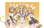  5girls absurdres aqua_eyes belt black_leg_warmers black_sailor_collar black_shorts black_sleeves blonde_hair blue_eyes bow bowtie breasts closed_eyes clothing_cutout commentary detached_sleeves grey_sailor_collar grey_sleeves hair_bow hair_ornament hairclip headphones headset highres hug hug_from_side inu8neko kagamine_rin kagamine_rin_(act1) kagamine_rin_(append) kagamine_rin_(nt) kagamine_rin_(vocaloid4) leg_warmers looking_at_another looking_at_viewer midriff multiple_girls multiple_persona navel navel_cutout neckerchief necktie number_tattoo one_eye_closed open_mouth own_hands_together parallel_hairclips piano_print piapro_studio ribbed_gloves sailor_collar sailor_jacket see-through_sleeve_layer shirt shoes short_hair shorts skirt sleeveless sleeveless_shirt small_breasts smile standing standing_on_one_leg tattoo transparent_bow treble_clef vocaloid vocaloid_append white_bow white_shirt white_shoes white_shorts white_skirt wing-shaped_bow yellow_belt yellow_bow yellow_bowtie yellow_nails yellow_neckerchief yellow_necktie yellow_trim z_hair_ornament 