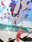  1boy 1girl army asteroid axis_(gundam) beach blonde_hair blue_sky char_aznable commentary_request fleet gaza-d gundam haman_karn highres mecha ocean original outdoors pink_hair qubeley redesign rintaro_komori robot science_fiction sky space_habitat space_station water when_you_see_it zeta_gundam 