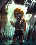  bangs bare_arms bare_shoulders bike_shorts black_shorts blue_eyes blunt_bangs collarbone dappled_sunlight day domino_mask fangs forest grey_shirt highres inkling kashu_(hizake) lake legs_apart light_rays long_hair looking_at_viewer mask monster_girl nature navel open_mouth orange_hair outdoors pointy_ears shade shirt shorts silhouette single_vertical_stripe solo sparkle splatoon_(series) standing sunlight tank_top tentacle_hair tree wading water_drop wet wet_clothes wet_hair wringing_clothes 