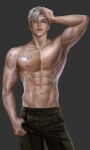  1boy abs aegyo_sal artist_name badegg-mm biceps black_pants closed_mouth grey_hair hand_up highres lips looking_at_viewer love_and_deepspace male_focus muscular muscular_male navel nipples nose pants parted_bangs pectorals red_eyes short_hair solo sylus_(love_and_deepspace) topless_male veins veiny_arms veiny_stomach 