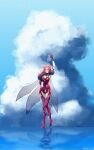  1girl absurdres arm_up black_gloves blue_sky bodysuit breasts cleavage commentary_request fur-trimmed_bodysuit gloves highres honkai_(series) honkai_impact_3rd large_breasts long_hair murata_himeko murata_himeko_(vermillion_knight) orange_eyes red_bodysuit red_hair shion_0_12 sky solo standing standing_on_liquid water 