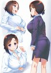  :d blue_eyes blush breasts cleavage dress_shirt eyebrows_visible_through_hair getsuyoubi_no_tawawa hair_ornament hairclip highres kouhai-chan_(tawawa) large_breasts long_sleeves looking_at_viewer looking_to_the_side mole mole_under_eye multiple_views nanase_meruchi office_lady open_mouth shirt short_hair skirt smile unbuttoned undressing white_shirt 