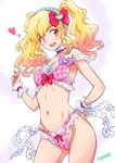  adapted_costume aikatsu!_(series) aikatsu_stars! artist_name blonde_hair blush bow bra breasts brown_eyes brown_hair cleavage collarbone frills heart joy_ride looking_at_viewer medium_breasts midriff multicolored_hair navel nijino_yume open_mouth orange_eyes panties pink_bow short_hair smile stomach twintails two-tone_hair underwear underwear_only 