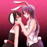  animal_ears bare_arms black_hair blush breasts bunny_ears bunny_tail closed_mouth eye_contact inaba_tewi kuroba_rapid large_breasts long_hair looking_at_another mind_control multiple_girls open_clothes open_shirt purple_hair purple_skirt red_eyes reisen_udongein_inaba shirt short_hair skirt sleeveless sleeveless_shirt smile tail touhou upper_body yuri 