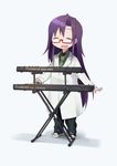  blush closed_labcoat commentary_request eyebrows_visible_through_hair glasses goshiki_agiri green_neckwear instrument keyboard_(instrument) kill_me_baby labcoat long_hair looking_at_viewer necktie okayparium open_mouth purple_hair shoes smile sneakers solo 