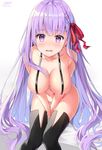 bb_(fate)_(all) bb_(fate/extra_ccc) black_legwear blush bottomless breasts collarbone fate/extra fate/extra_ccc fate_(series) hair_ribbon highres large_breasts long_hair looking_at_viewer open_mouth purple_eyes purple_hair ribbon rin_yuu signature simple_background solo strap sweat thighhighs v_arms very_long_hair 