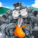 1:1 abs anthro biceps big_bulge big_muscles black_hair bodily_fluids bottle bottomwear bulge canid canine clothed clothing container detailed_bulge dog_tags ear_piercing fox fur green_eyes grey_body grey_fur hair hi_res huge_muscles hyper hyper_muscles jewelry looking_at_viewer male mammal mountain multicolored_body multicolored_fur muscular muscular_anthro muscular_arms muscular_male necklace obliques outside partially_clothed pecs piercing pose sitting sky skyscape solo speedo striated_muscles sweat sweatdrop swimwear taiko-sihori trapezius triceps v-cut vein veiny_arms veiny_muscles water_bottle