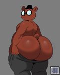 2026 angus_delaney anthro bear belly big_butt brown_bear bubble_butt butt butt_jiggle clothing dressing eyewear glasses grey_background hat headgear headwear hi_res huge_butt jiggling looking_at_viewer looking_back looking_back_at_viewer male mammal moobs motion_lines neutral_expression night_in_the_woods opaque_glasses overweight overweight_male pulling_pants_up round_glasses simple_background solo thick_thighs ursine wide_hips yanafterdark
