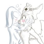  blush brown_eyes cheek_tuft cute duo eyes_closed fizz_(lol) fur gnar_(lol) happy interspecies kissing league_of_legends male male/male mammal markings monster riot_games saliva simple_background standing szoap tongue tuft video_games white_background yordle young 